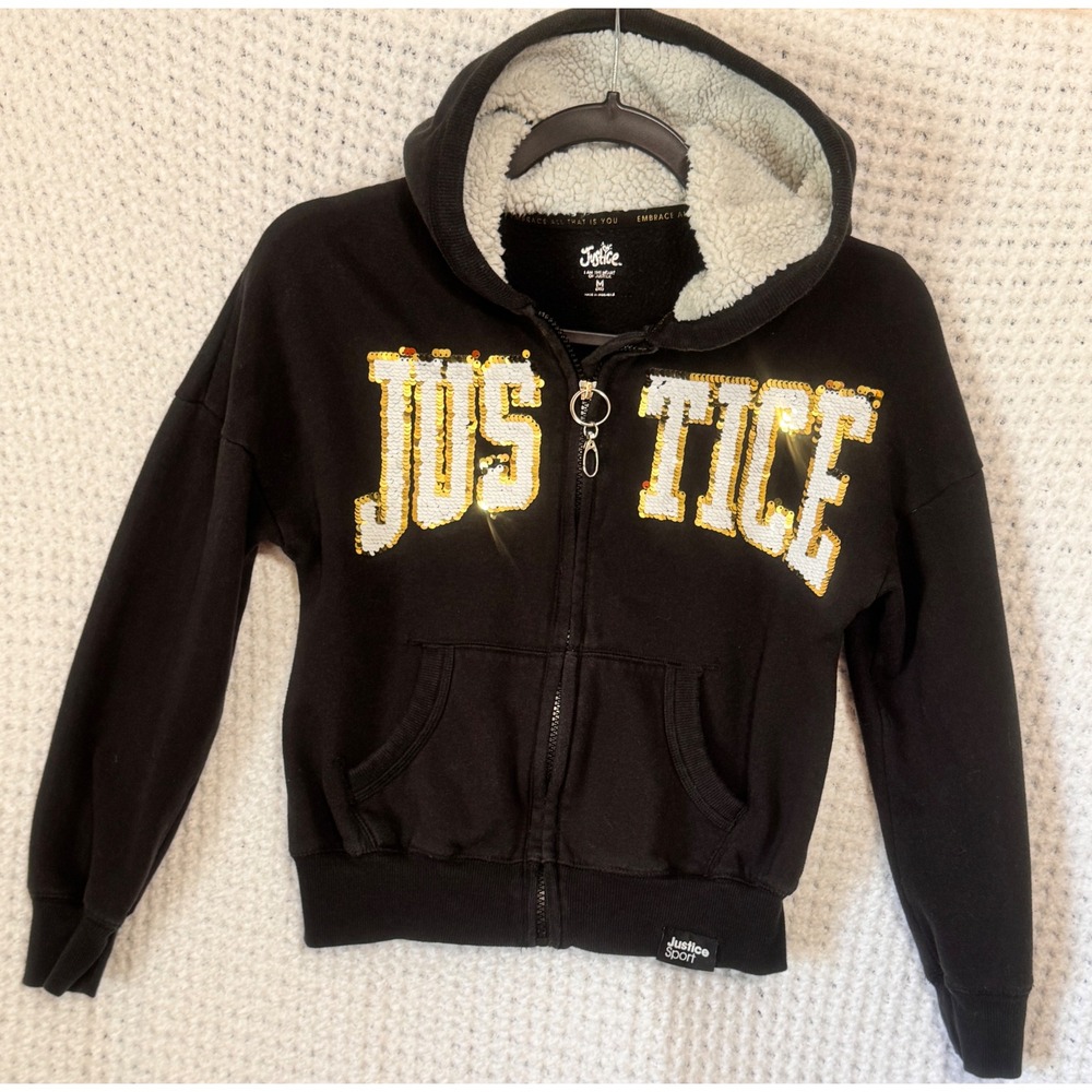 Justice Girls Full Zip Hoodie Sweatshirt Sequin Logo Black‎ Size M (10)